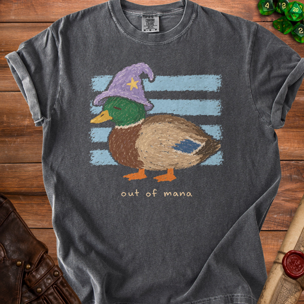 Dark grey t-shirt with a mallard duck wearing a wizard hat and text "out of mana."