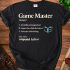 Black t-shirt with "Game Master" definition and light blue book icon.