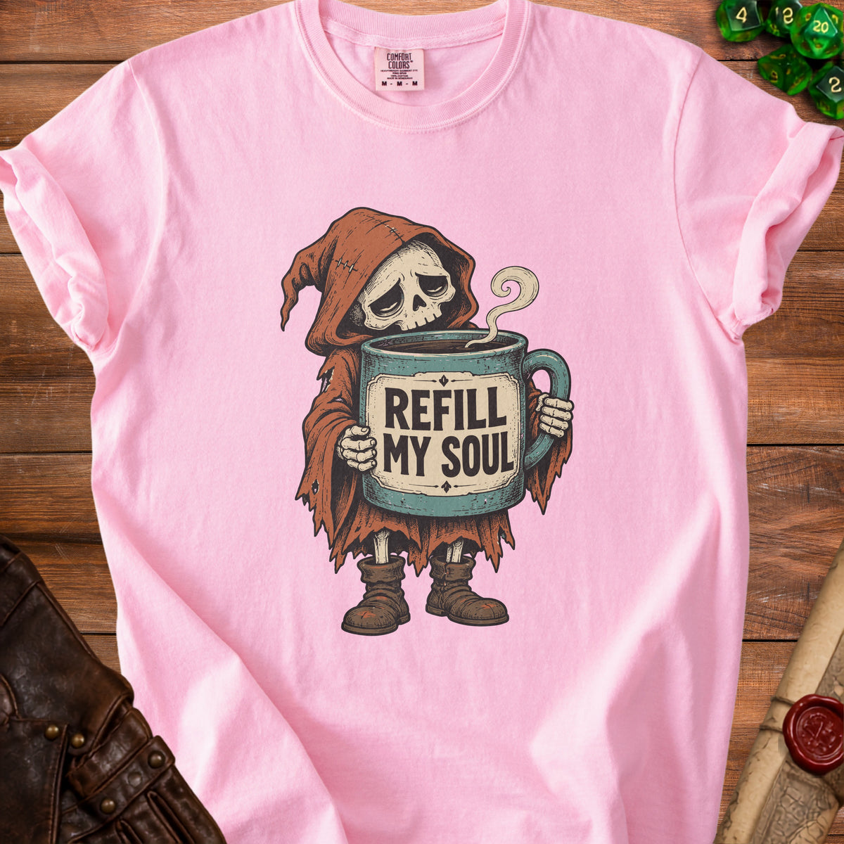 Grim reaper holding mug that says "Refill My Soul".