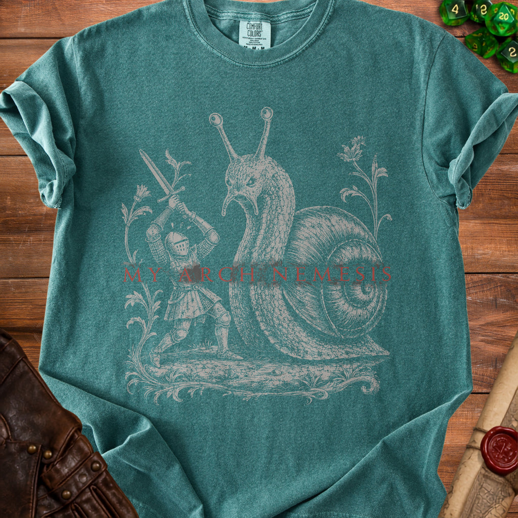 T-shirt with vintage knight fighting a snail, reading "MY ARCH NEMESIS".