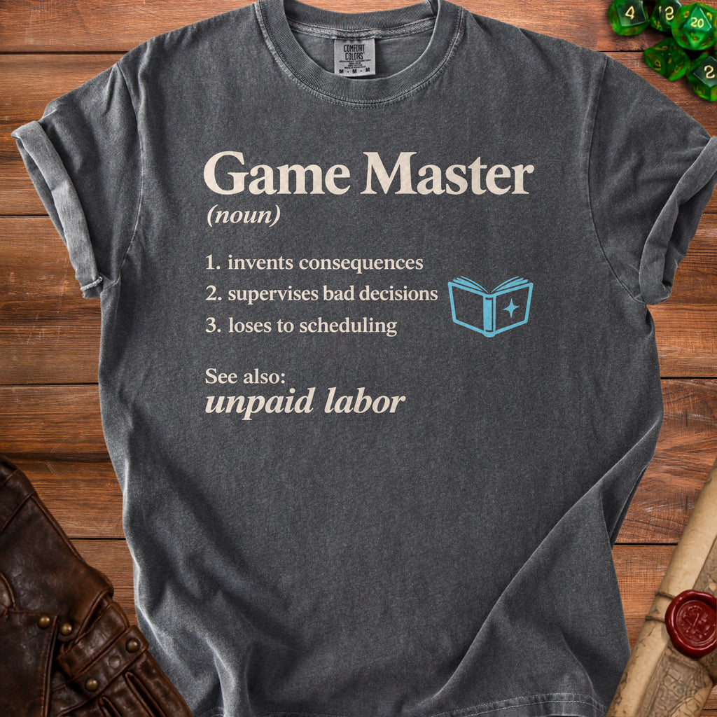 Dark gray t-shirt with "Game Master (noun)" definition and book icon.