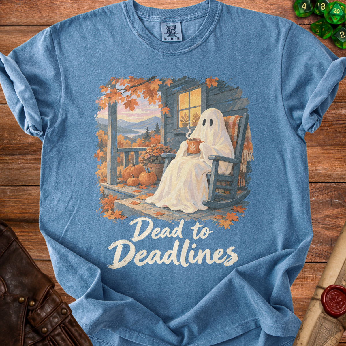 Ghost holding coffee on porch with autumn scene, text "Dead to Deadlines".