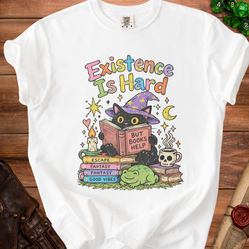 Black cat in witch hat reads "Existence Is Hard, But Books Help" on t-shirt.