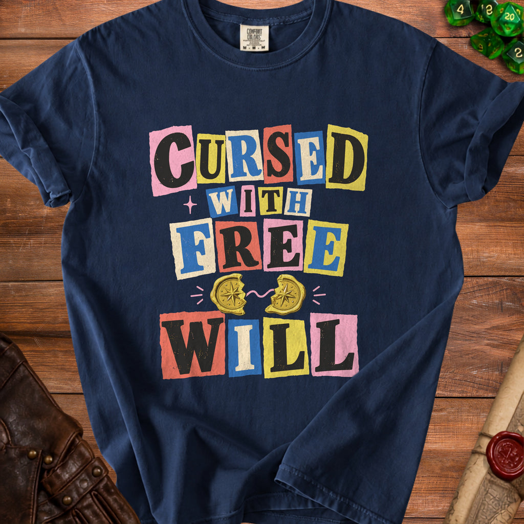 Navy t-shirt with text "Cursed With Free Will" and a broken compass graphic.