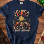 Navy t-shirt with "Let's Start A Cult Recruiting Bad Influences Since 1692" text and witch graphic.