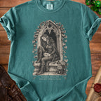 T-shirt with a drawing of an elf sitting in a gothic window, text reads "PASSED STEALTH FAILED SMALL TALK".