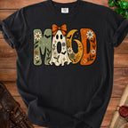 Black t-shirt with "Mood" graphic featuring a ghost, moon, and floral elements.