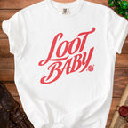 White t-shirt with red "Loot BABY" text and a D20 dice graphic.