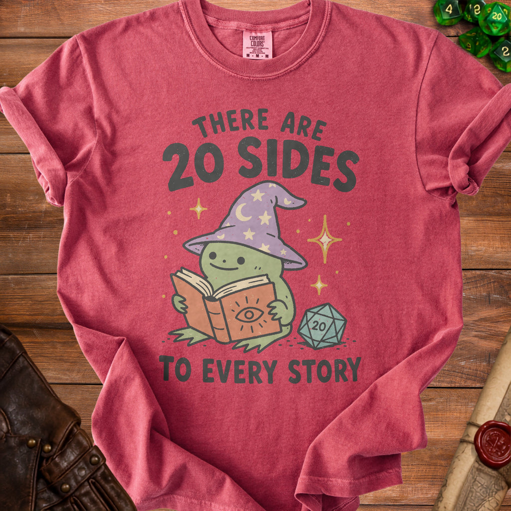 T-shirt with frog wizard reading book and text "There are 20 sides to every story".