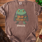 Brown t-shirt with a smiling frog character holding a knife and coin purse, text reads FROGUE.