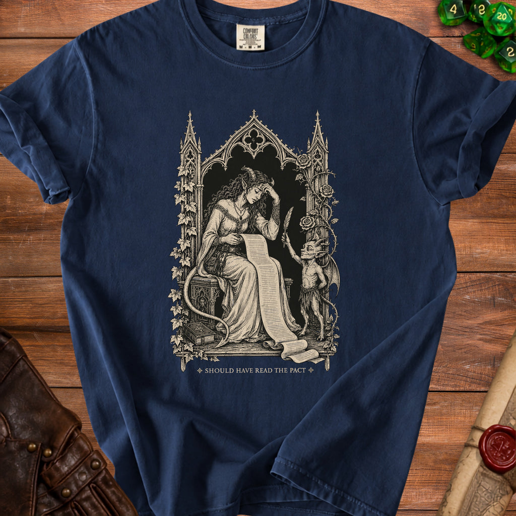 Dark blue t-shirt with gothic illustration of a demoness reading a scroll and text "SHOULD HAVE READ THE PACT".