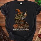 Goblin witch brewing potion in cauldron with pumpkin and spellbook, text "PROBABLY A HEALING POTION".