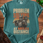 Knight in armor with hammer and text "Problem Solving at Melee Distance".