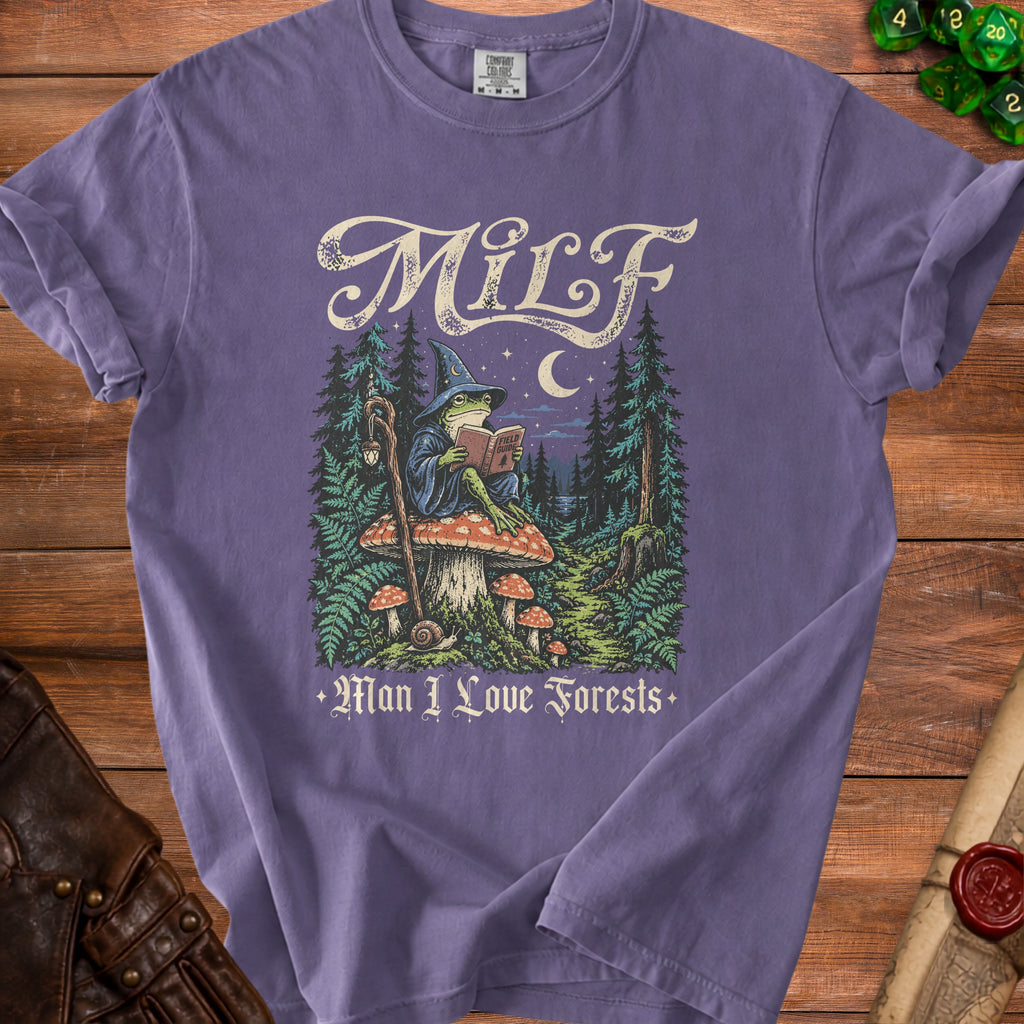 Purple t-shirt with wizard frog reading a book and text "MILF Man I Love Forests".