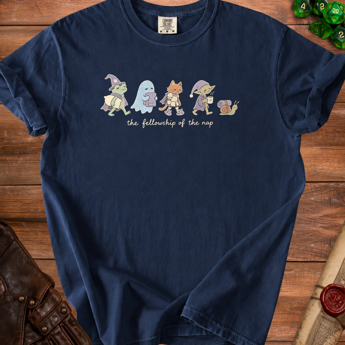 Navy t-shirt with cartoon characters and text "the fellowship of the nap".