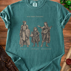 T-shirt with "The Party Dynamic" art featuring three fantasy characters and labels: The Plan, The Problem, The Encouragement.