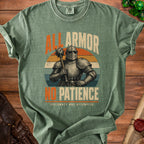 Green t-shirt with knight graphic: "ALL ARMOR NO PATIENCE DIPLOMACY WAS ATTEMPTED"