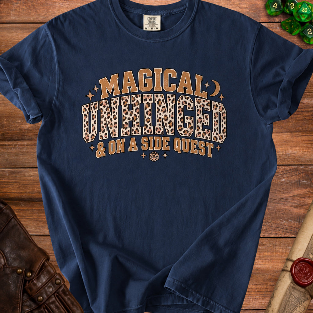 Navy t-shirt with "Magical Unhinged & On a Side Quest" text.