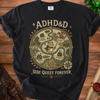 Black t-shirt with "ADHD&D" and "SIDE QUEST FOREVER" text and a cat on a map.