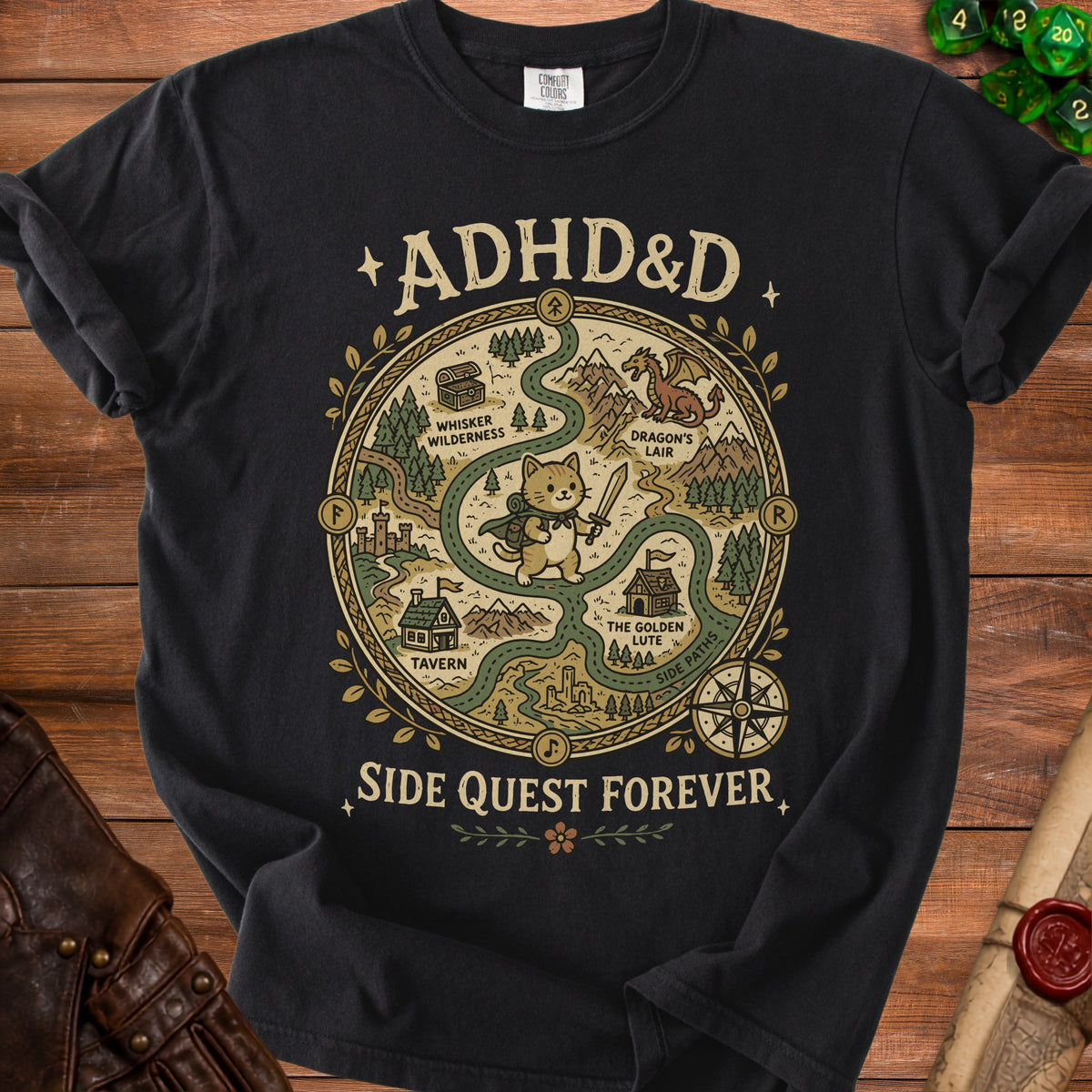 Black t-shirt with "ADHD&D" and "SIDE QUEST FOREVER" text and a cat on a map.
