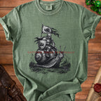 Knight riding a snail with snail flag, text reads "Getting There Eventually."