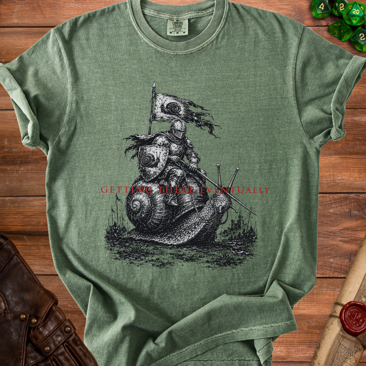 Knight riding a snail with snail flag, text reads "Getting There Eventually."