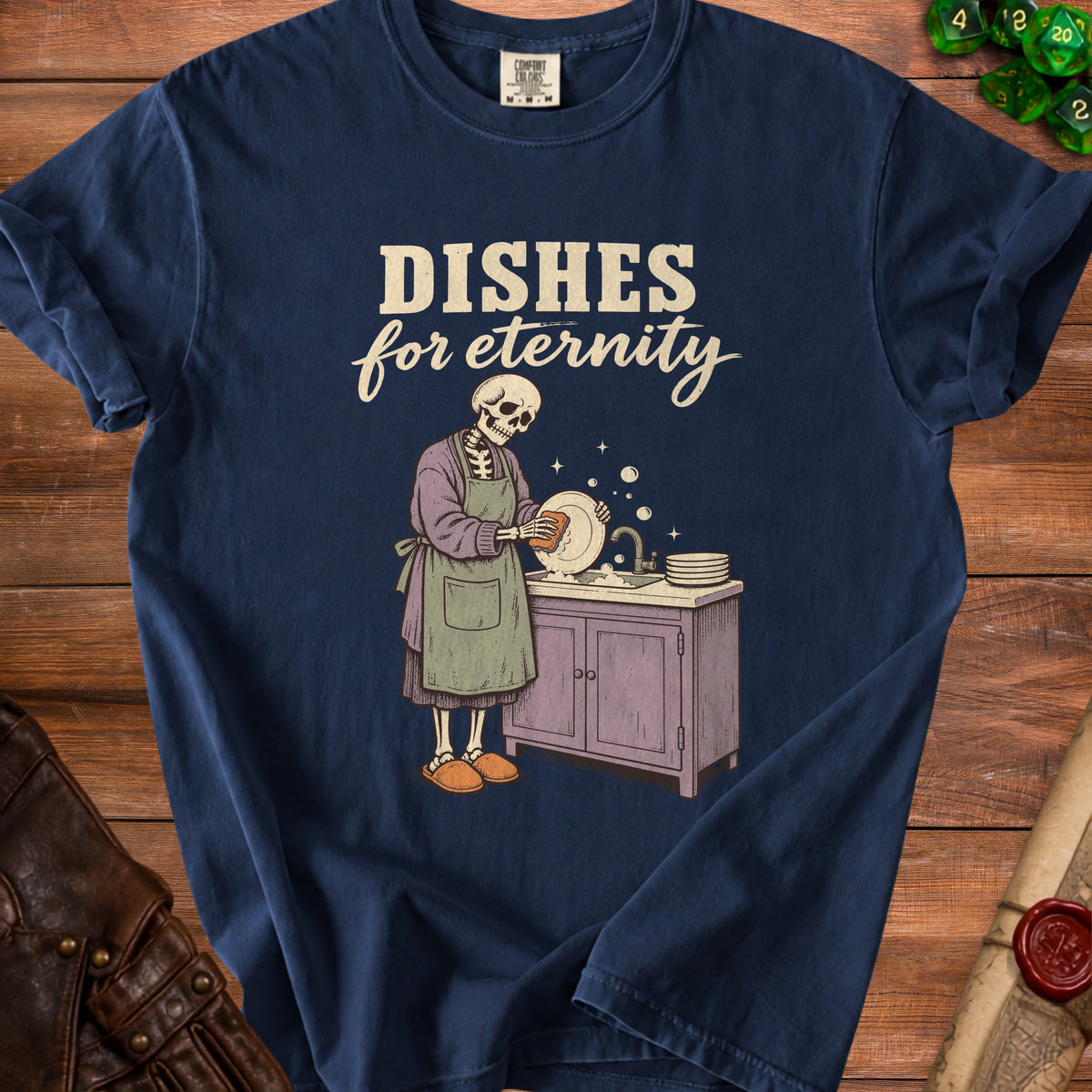 Skeleton washing dishes with text "Dishes for eternity" above.