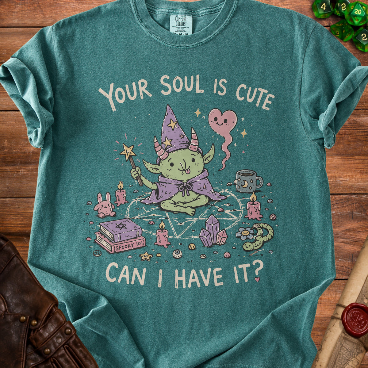 Green t-shirt with a cartoon goblin, text "YOUR SOUL IS CUTE CAN I HAVE IT?".