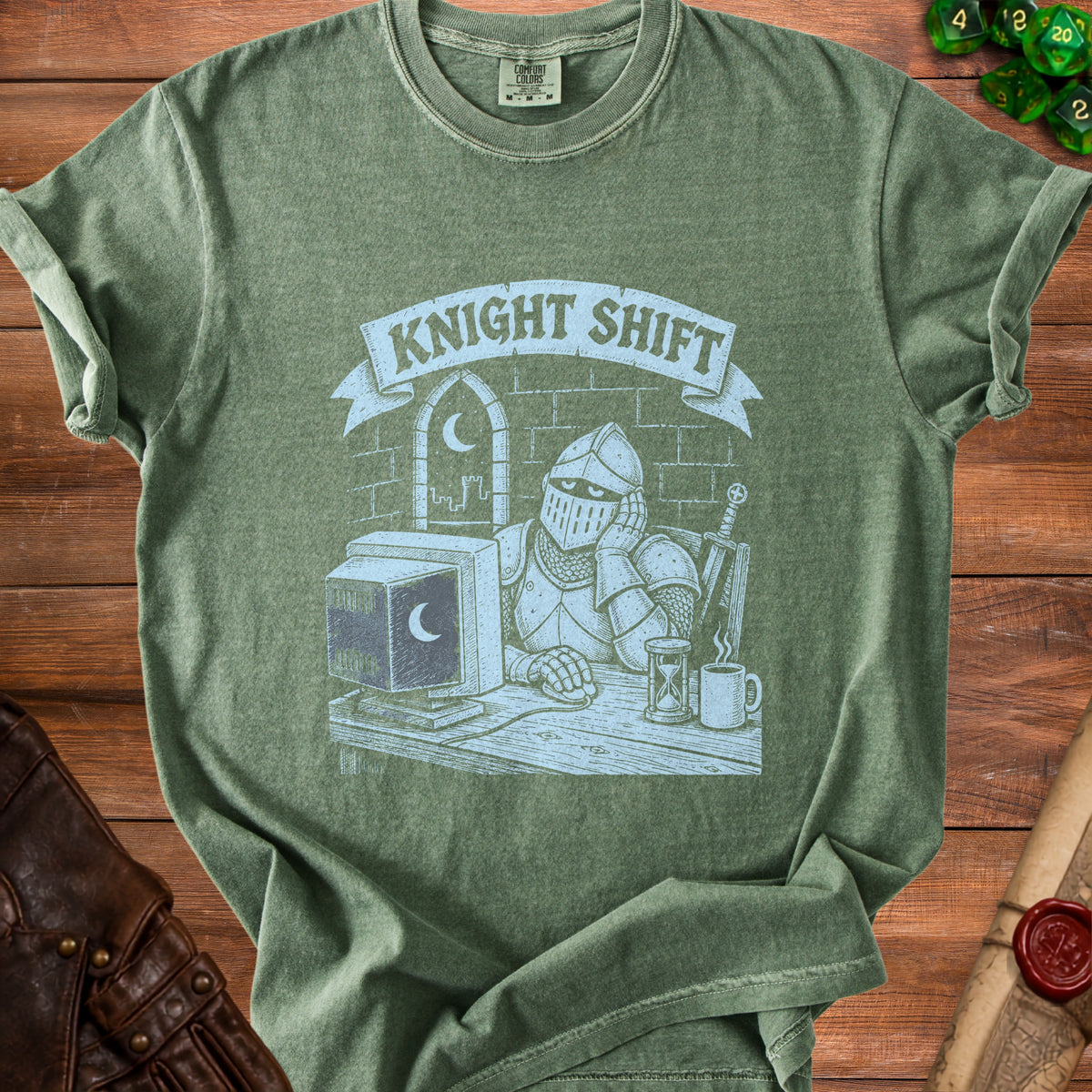 Green t-shirt graphic of a knight at a computer with text "KNIGHT SHIFT".