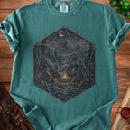 Teal t-shirt with a D20 die showing adventurers around a campfire at night.