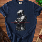 Dark blue t-shirt with a graphic of a knight and the text "Emotionally Unavailable".