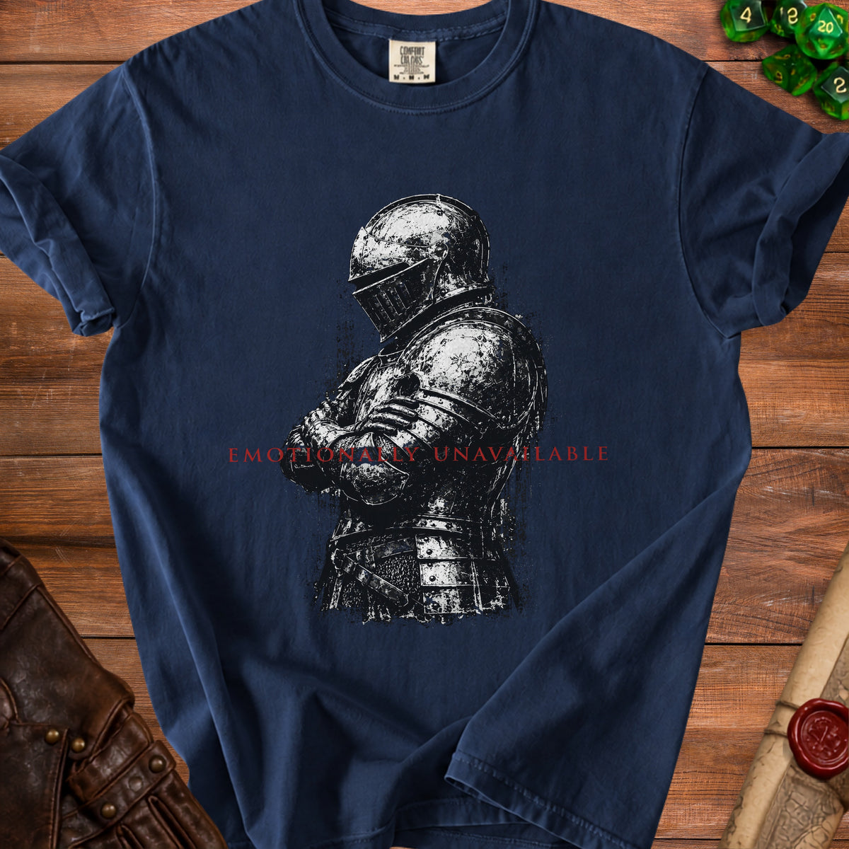 Dark blue t-shirt with a graphic of a knight and the text "Emotionally Unavailable".