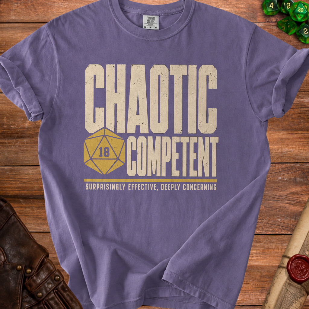 Purple t-shirt with "Chaotic Competent" text and a d20 die.