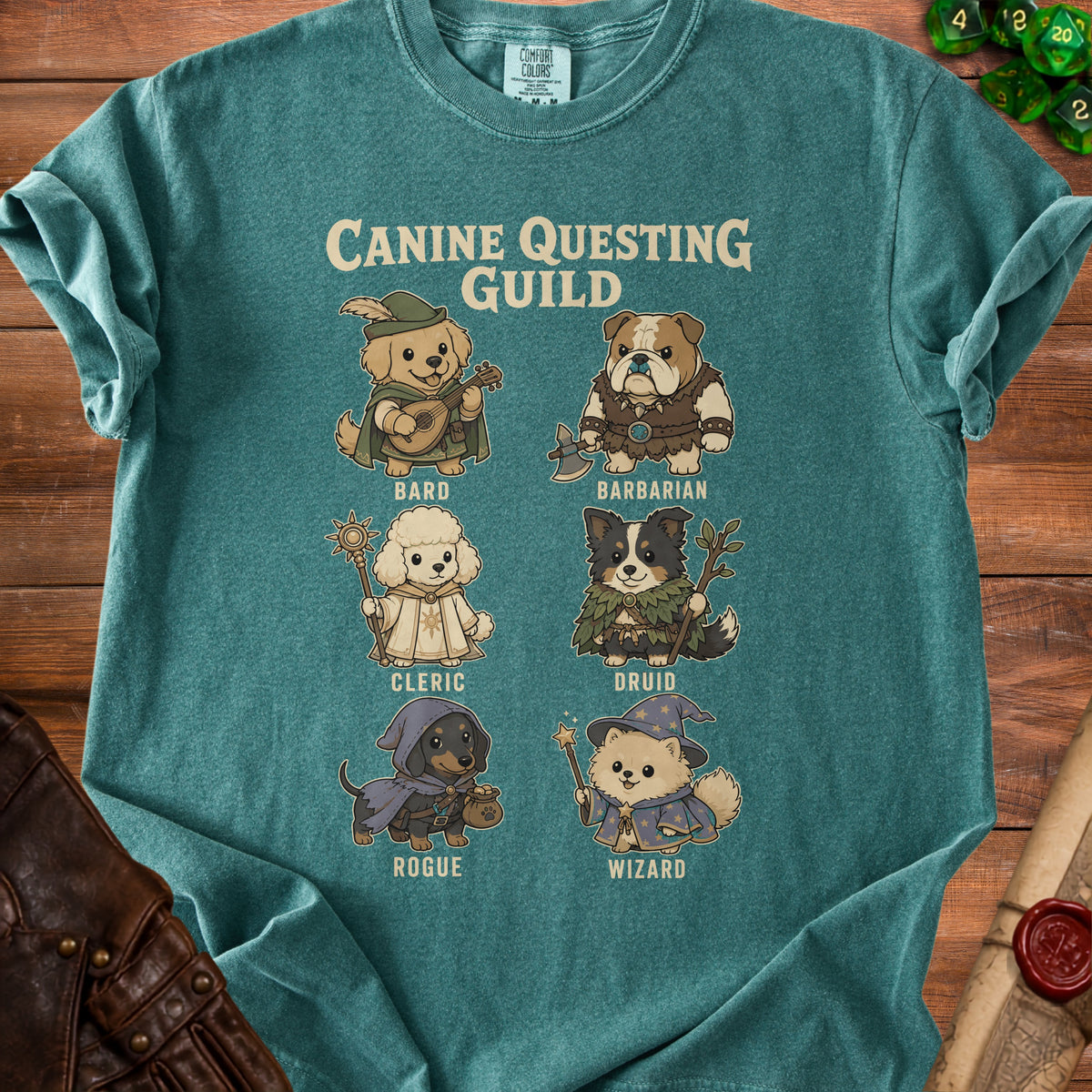 T-shirt with cartoon dogs as D&D classes: Bard, Barbarian, Cleric, Druid, Rogue, Wizard.