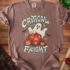 Brown t-shirt with ghost, dice, pumpkins, bats, and text "CRITICAL FRIGHT".