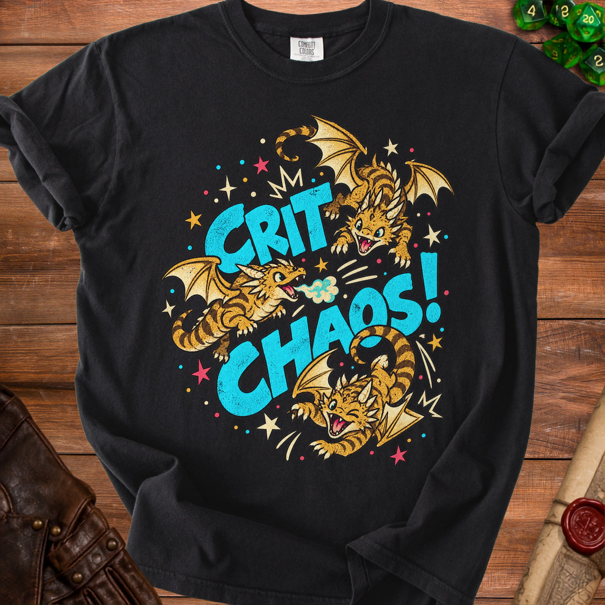 Black t-shirt with three cartoon dragons and the text "CRIT CHAOS!".