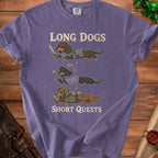 Purple t-shirt with "Long Dogs Short Quests" and dachshunds dressed as a warrior, wizard, and archer.