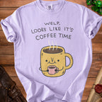 Purple t-shirt with text "WELP, LOOKS LIKE IT'S COFFEE TIME" and cartoon coffee cup.
