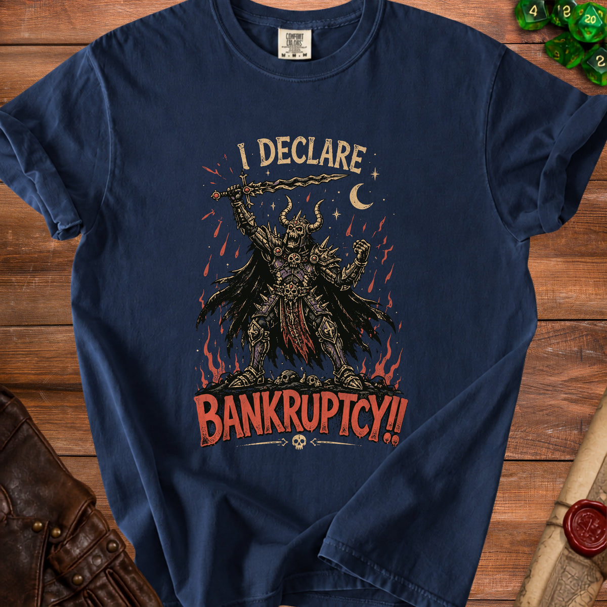 Dark blue t-shirt with a skeleton warrior graphic declaring "BANKRUPTCY!!"