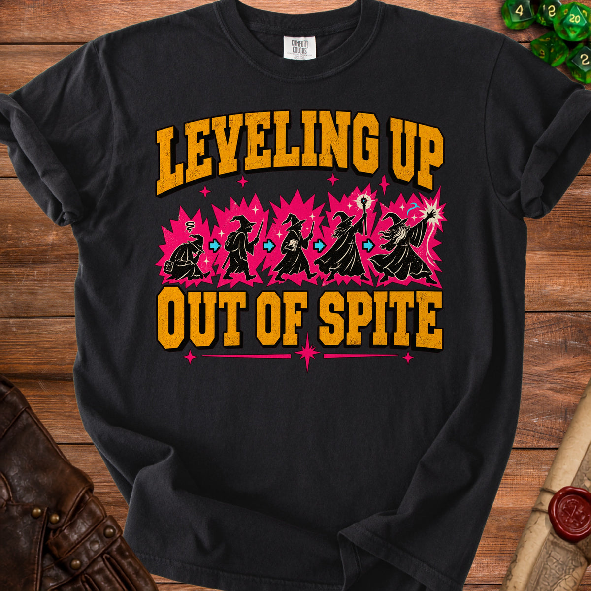 Black t-shirt with "Leveling Up Out of Spite" text and wizard graphics.