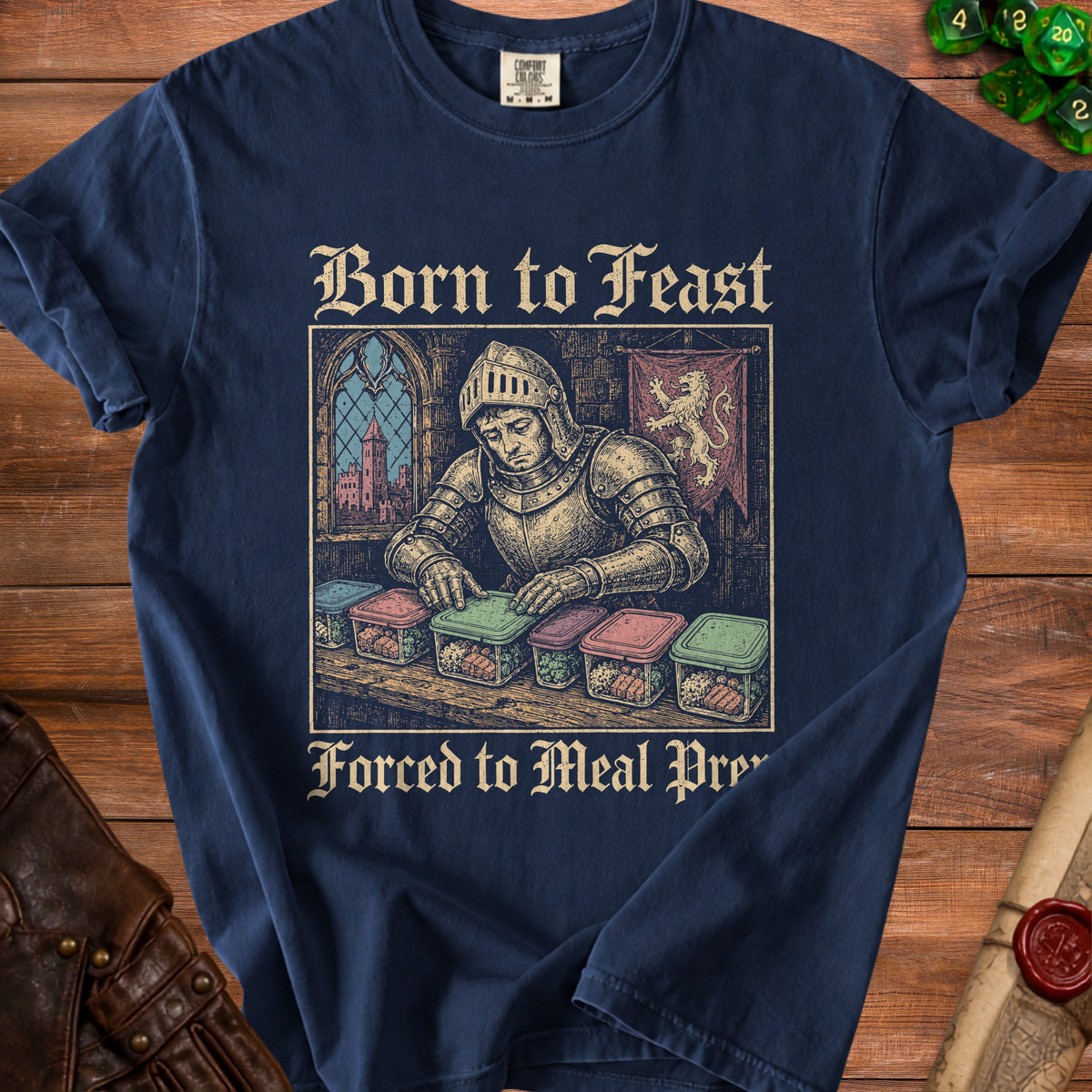 Knight preparing meal prep containers with text "Born to Feast Forced to Meal Prep".