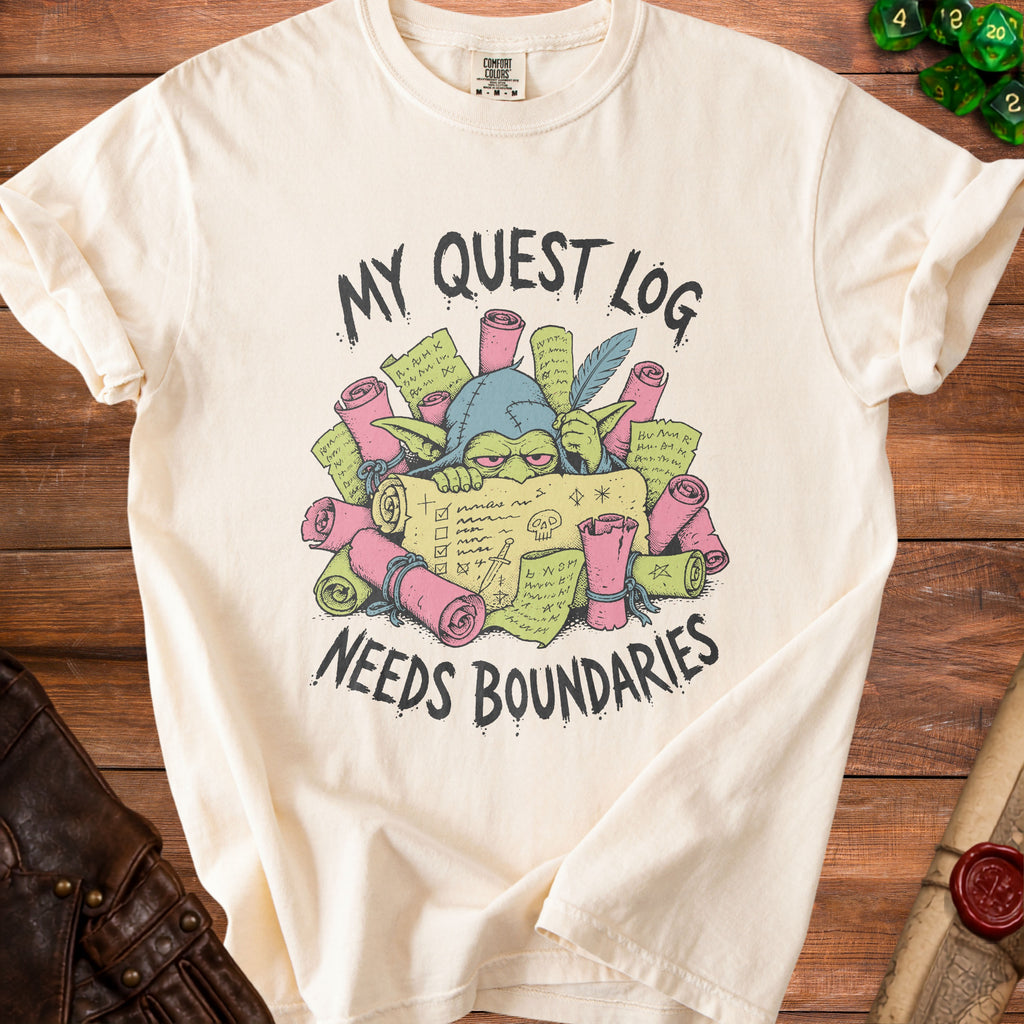 Cream t-shirt with goblin writing "My Quest Log Needs Boundaries" on scrolls.