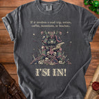Dark gray t-shirt with a fantasy warrior reading a map and text "I'M IN!".