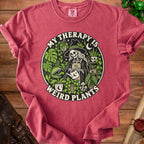 T-shirt with skeleton gardener and plants, text reads "My Therapy is Weird Plants."