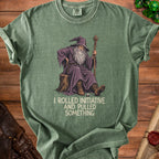 T-shirt with wizard graphic and text "I ROLLED INITIATIVE AND PULLED SOMETHING".