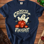 Navy t-shirt with a ghost holding a twenty-sided die and text "CRITICAL FRIGHT".