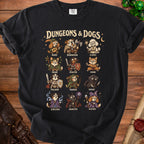 Black t-shirt with "Dungeons & Dogs" title and dogs dressed as fantasy characters.