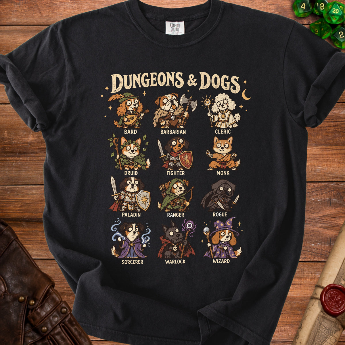Black t-shirt with "Dungeons & Dogs" title and dogs dressed as fantasy characters.