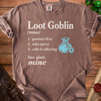 Brown t-shirt with "Loot Goblin (noun)" definition and a teal money bag icon.