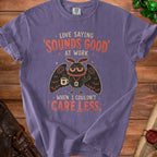 Purple t-shirt with a moth character and text "Love saying 'sounds good' at work when I couldn't care less."